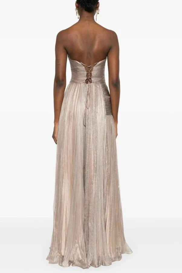 Sparkling Silver Strapless Sleeveless A-Line Prom Dress Lace-Up Back With Pleats - Image 2