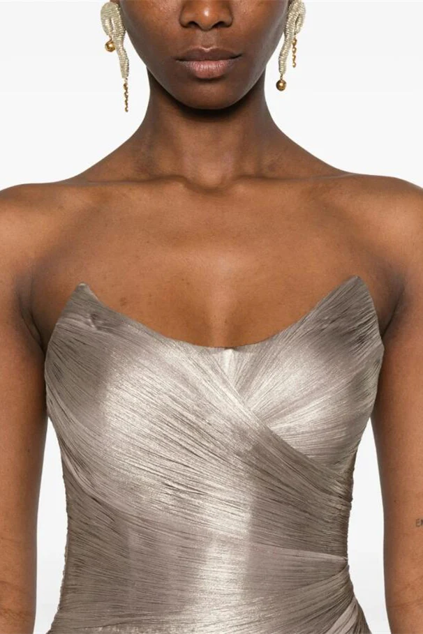 Sparkling Silver Strapless Sleeveless A-Line Prom Dress Lace-Up Back With Pleats - Image 3