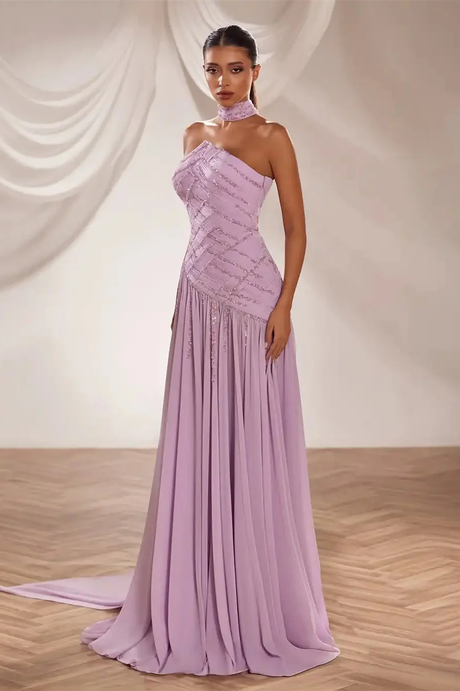 Sparkling Strapless Sleeveless Chiffon Prom Dress A-Line Beads With Pleats Zipper - Image 3