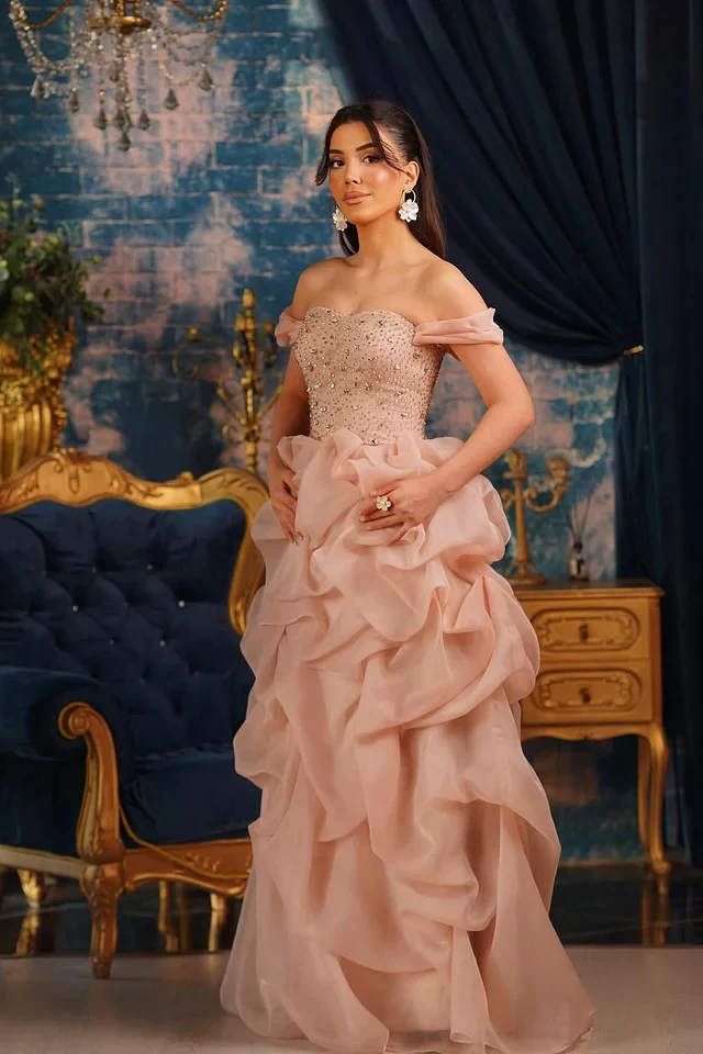 Sparkling Sweetheart Off-The-Shoulder Organza Prom Dresses Sheath Long With Gem - Image 3