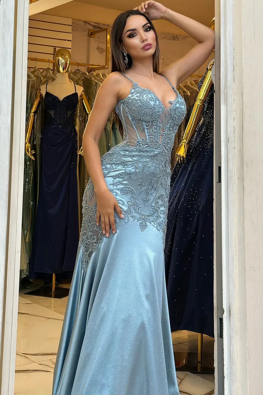 Sparkling V-Neck Spaghetti-Straps Sleeveless Satin Lace Prom Dress Sheath With Beads - Image 2