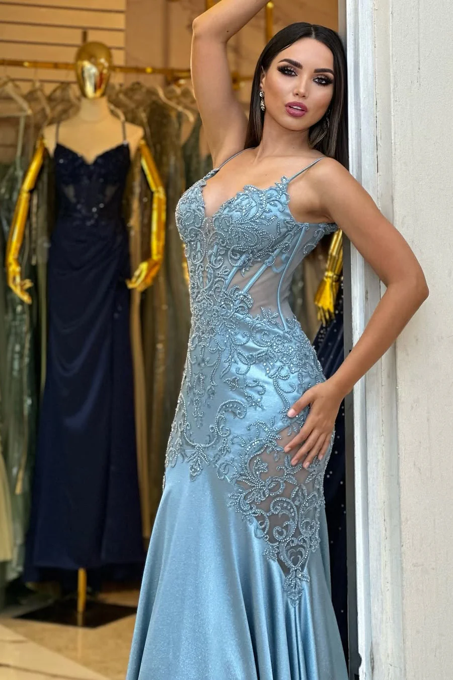 Sparkling V-Neck Spaghetti-Straps Sleeveless Satin Lace Prom Dress Sheath With Beads - Image 3