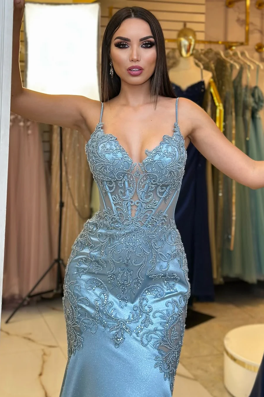 Sparkling V-Neck Spaghetti-Straps Sleeveless Satin Lace Prom Dress Sheath With Beads - Image 5