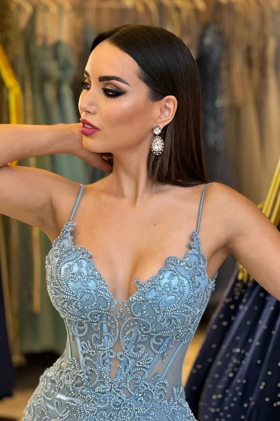 Sparkling V-Neck Spaghetti-Straps Sleeveless Satin Lace Prom Dress Sheath With Beads - Image 6