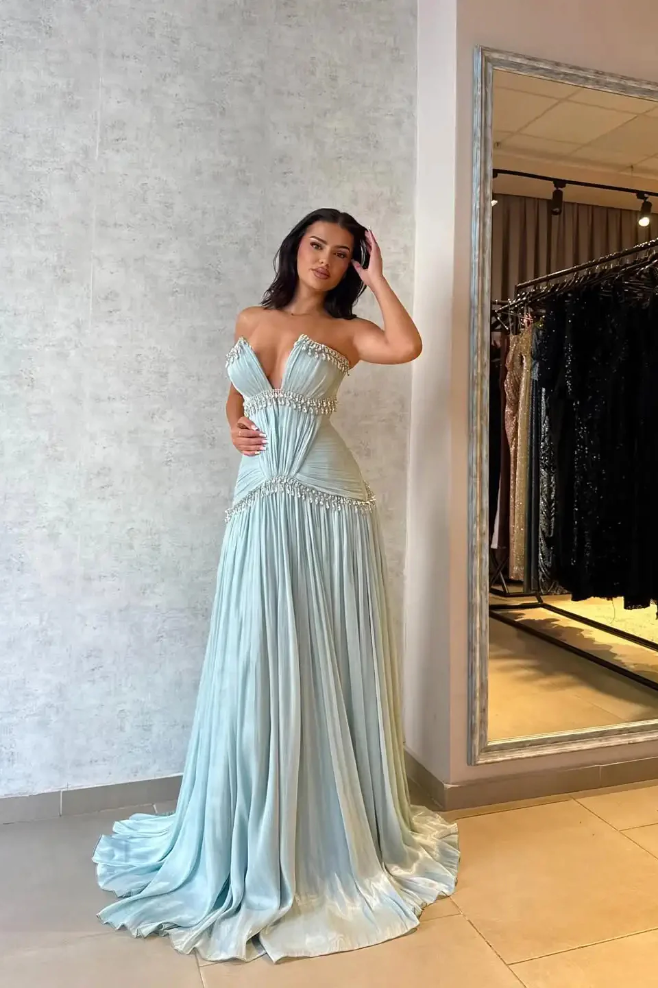 Sparkling V-Neck Strapless Sleeveless Prom Dress A-Line Gem With Pleats - Image 3