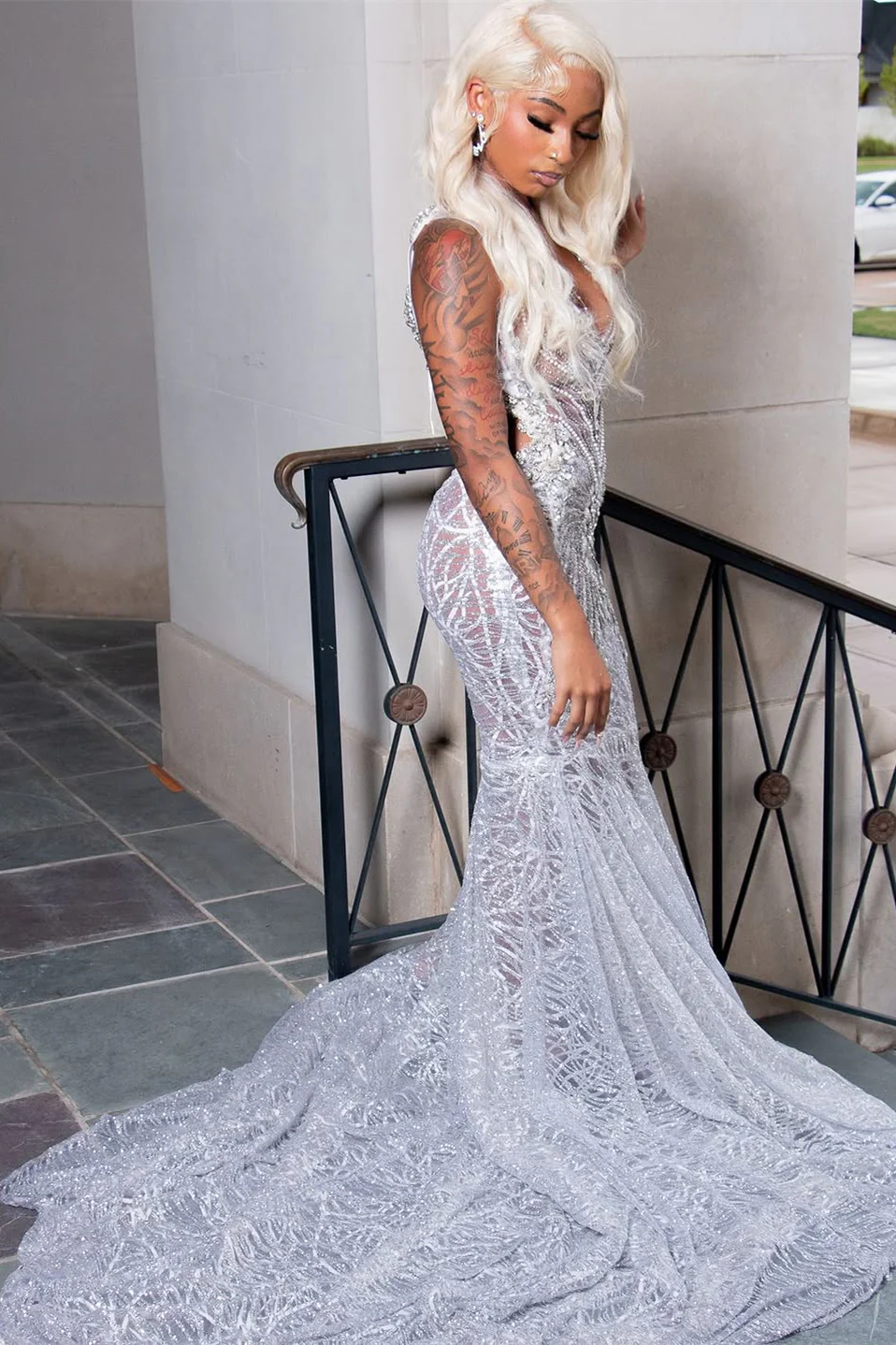 Sparkling V-Neck Straps Sleeveless Mermaid Prom Dresses Column Gem With Beads - Image 9