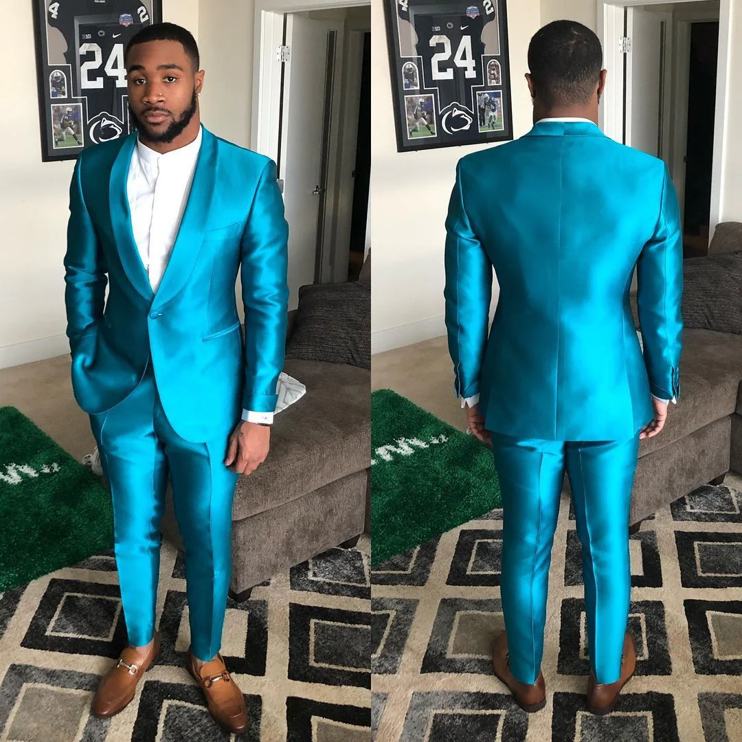 Sparkly Blue Shawl Lapel One Button Slim Fit Men Suits for Prom - Image 2