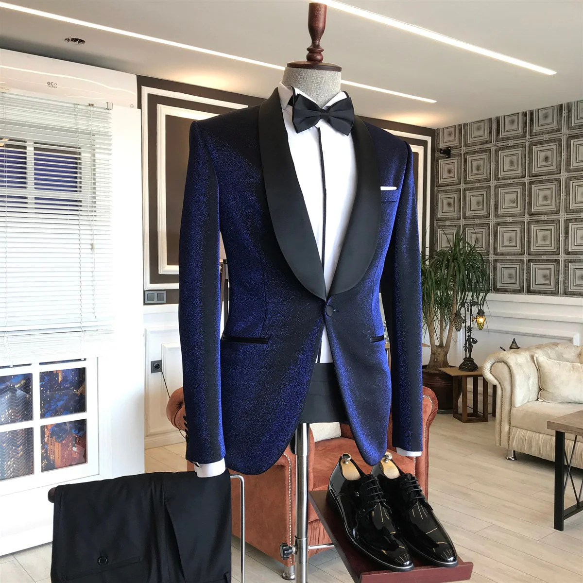 Sparkly Navy Blue Shawl Lapel Wedding Suits with Black Lapel - Image 2