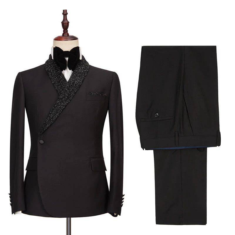Sparkly Shawl Lapel Black One Button Wedding Suits - Image 3