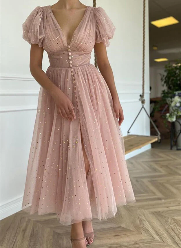 Sparkly Tulle V-Neck Tea-Length Homecoming Dresses - Image 4