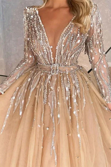 Ballbella Luxurious V-neck Ball Gown Prom Dresses With Beads Long Sleeves - Image 2