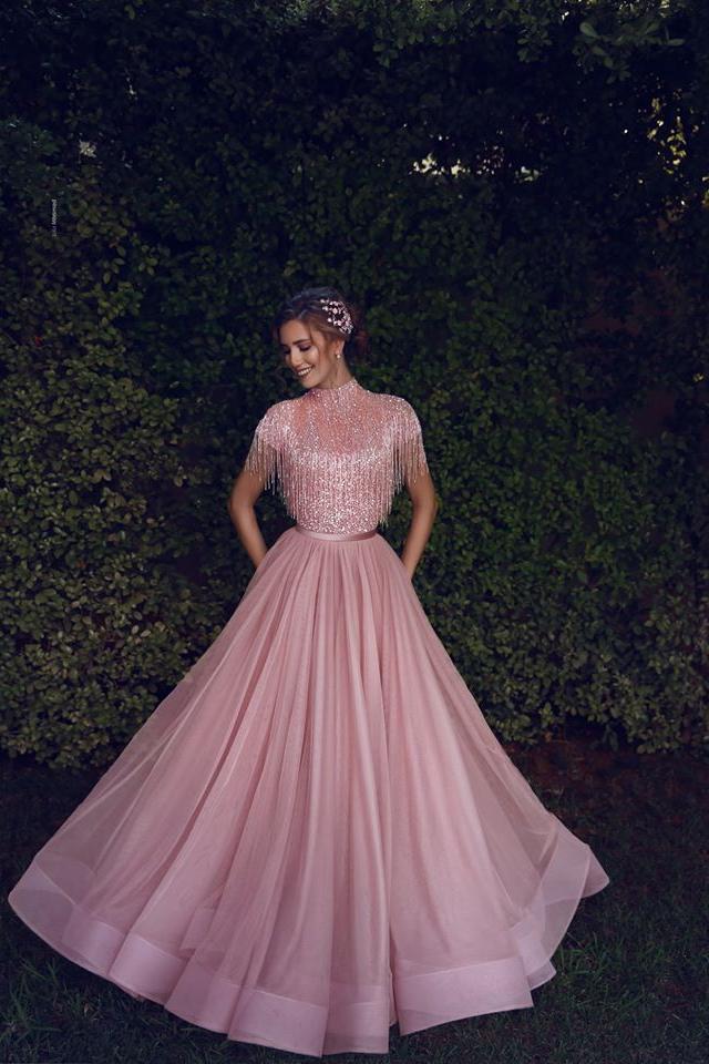 Special High Neck Tassel Beading Cap Sleeves Princess Prom Dresses Blushing Pink Evening Gowns - Image 2