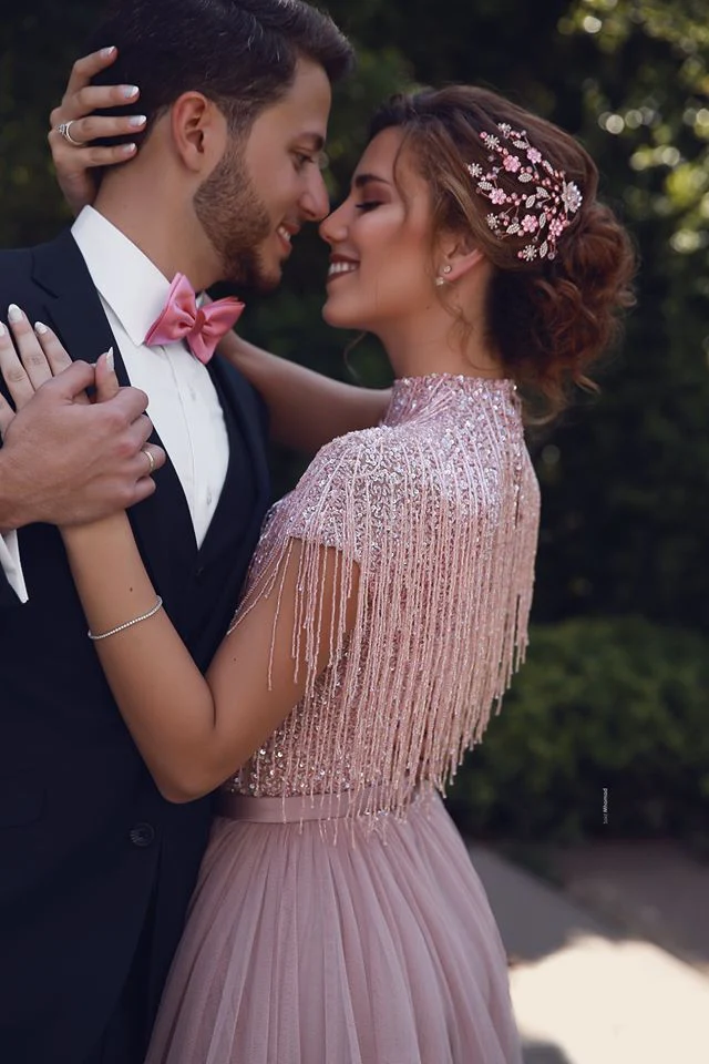 Special High Neck Tassel Beading Cap Sleeves Princess Prom Dresses Blushing Pink Evening Gowns - Image 3