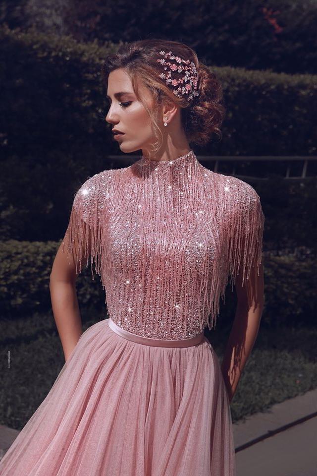 Special High Neck Tassel Beading Cap Sleeves Princess Prom Dresses Blushing Pink Evening Gowns - Image 4