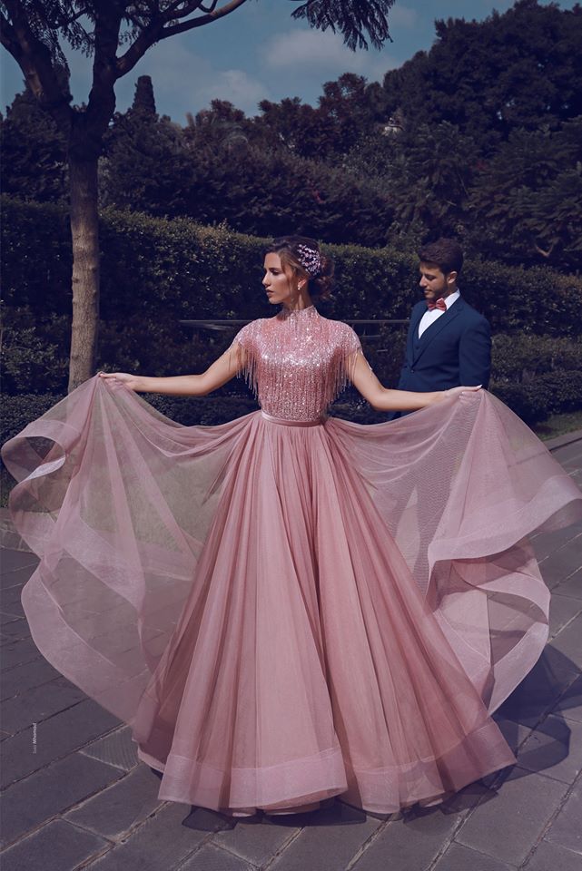 Special High Neck Tassel Beading Cap Sleeves Princess Prom Dresses Blushing Pink Evening Gowns - Image 5