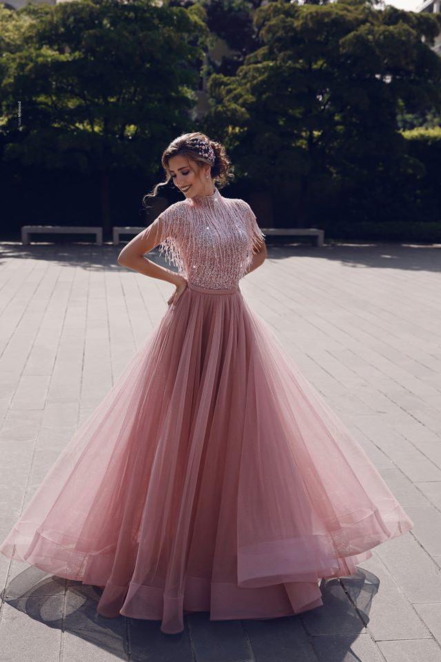 Special High Neck Tassel Beading Cap Sleeves Princess Prom Dresses Blushing Pink Evening Gowns - Image 6