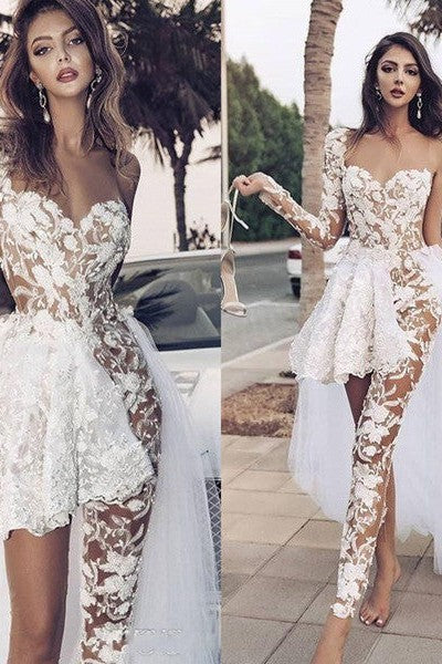 Special Two-piece Tulle Hi-lo Wedding Dress Lace Short Sexy One Shoulder With Long Sleeve On One Side - Image 3