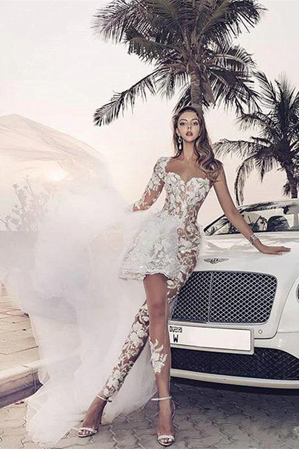 Special Two-piece Tulle Hi-lo Wedding Dress Lace Short Sexy One Shoulder With Long Sleeve On One Side - Image 5