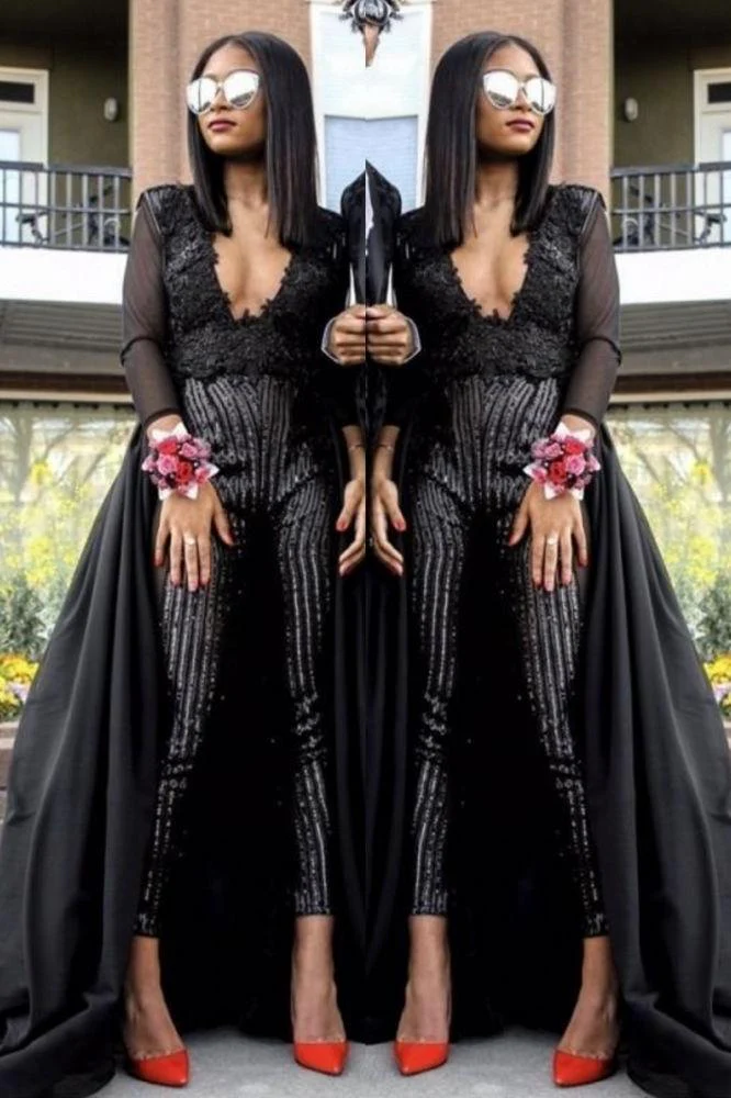 Special V-neck Long Sleevess Lace Prom dresses with Sequins Trousers Floor Length - Image 4