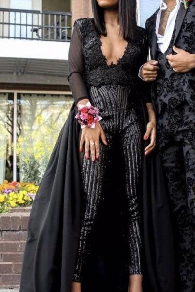 Special V-neck Long Sleevess Lace Prom dresses with Sequins Trousers Floor Length - Image 5