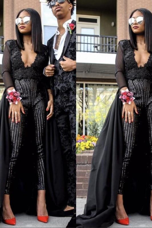 Special V-neck Long Sleevess Lace Prom dresses with Sequins Trousers Floor Length - Image 6
