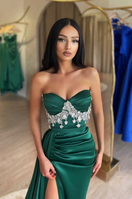 Ballbella Slit Front Dark Green Stain Sweetheart Sleeveless Evening Dress with Beadings - Image 2