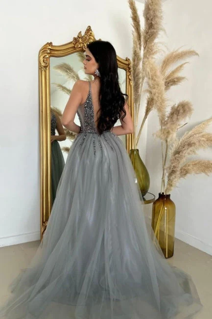 Ballbella Slit Front V-Neck Spaghetti Straps Long Tulle Sleeveless Prom Dress with Beadings - Image 2