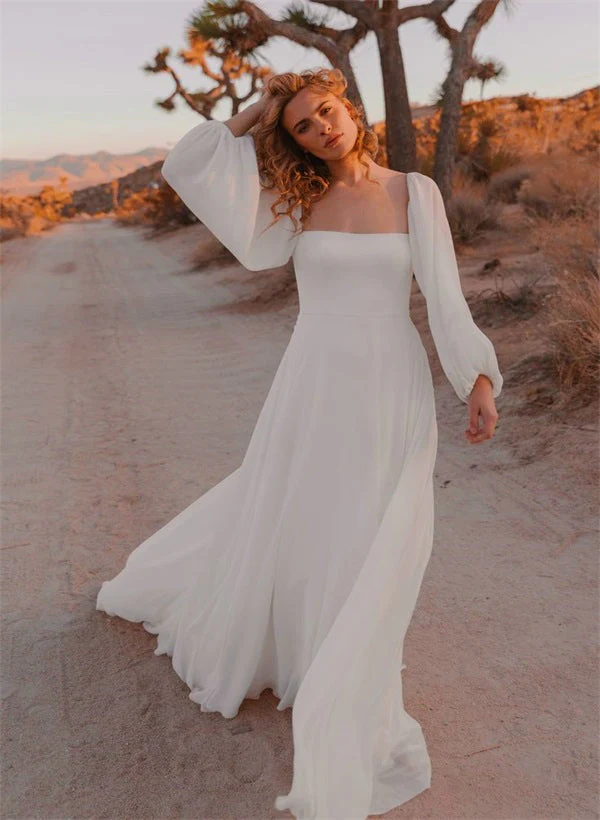 Square Neckline Chic A-line Wedding Dress Long Sleeves Chiffon Sweep Train - Image 2