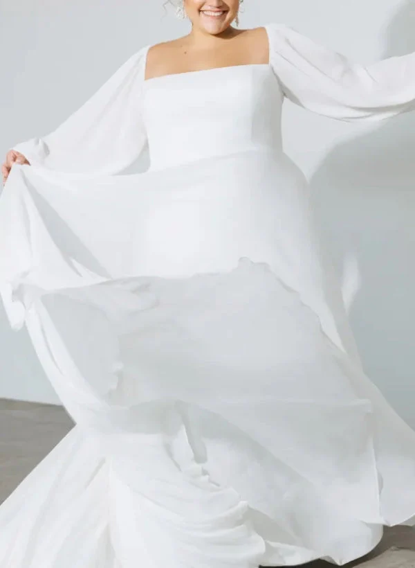 Square Neckline Chic A-line Wedding Dress Long Sleeves Chiffon Sweep Train - Image 3