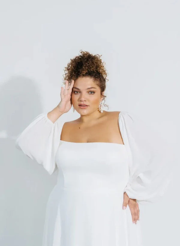 Square Neckline Chic A-line Wedding Dress Long Sleeves Chiffon Sweep Train - Image 4