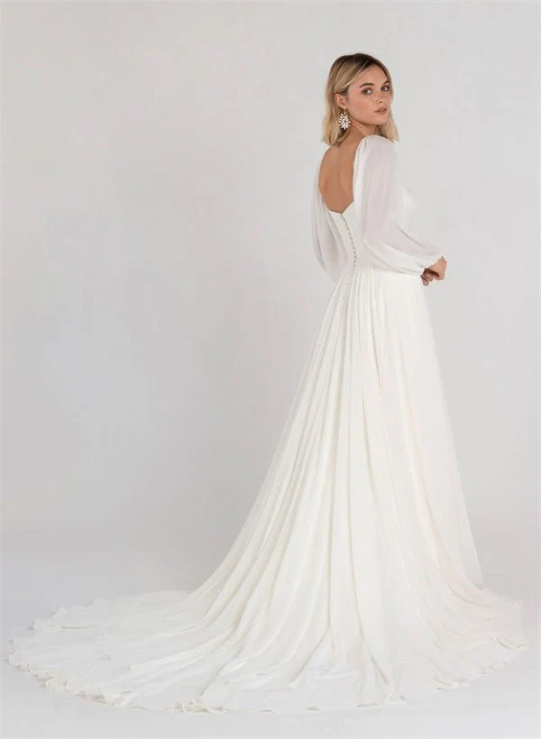 Square Neckline Chic A-line Wedding Dress Long Sleeves Chiffon Sweep Train - Image 5
