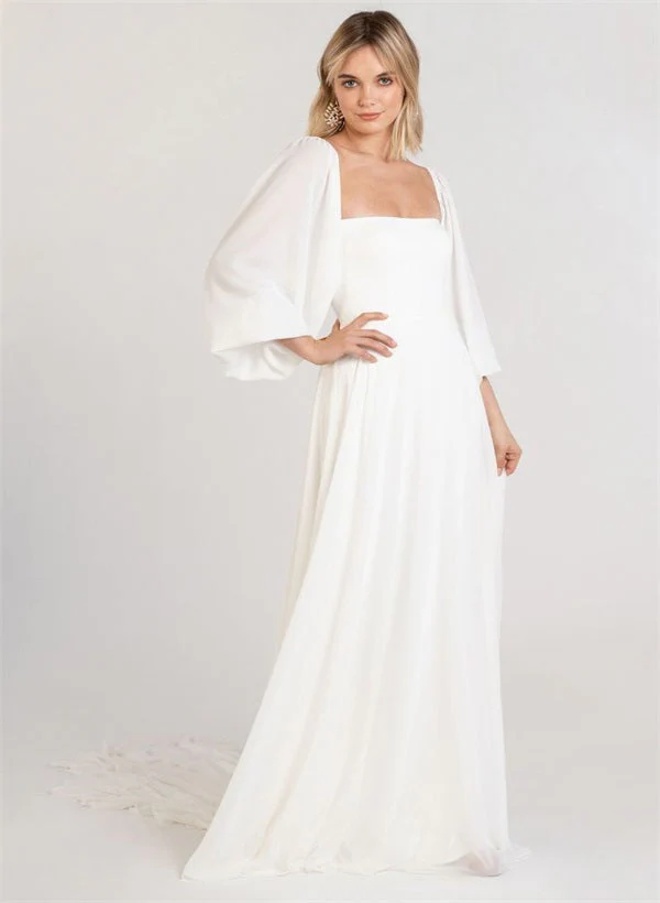 Square Neckline Chic A-line Wedding Dress Long Sleeves Chiffon Sweep Train - Image 6