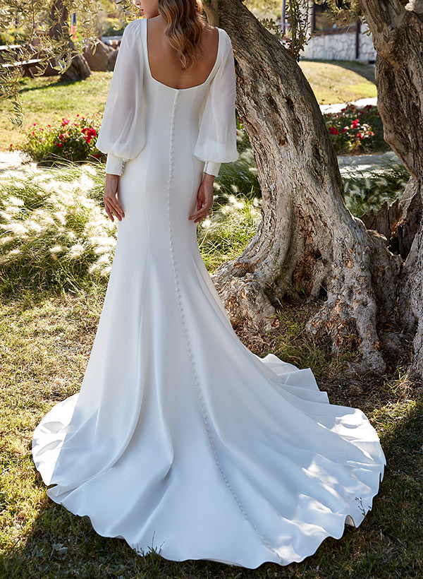 Square Neckline Long Sleeve Mermaid Fitted Wedding Dress Sweep Train - Image 2