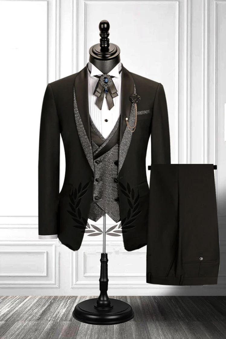 Stitching Shawl Lapel Black Three-piece Men Suit with Double Breasted Waistcoat - Image 2