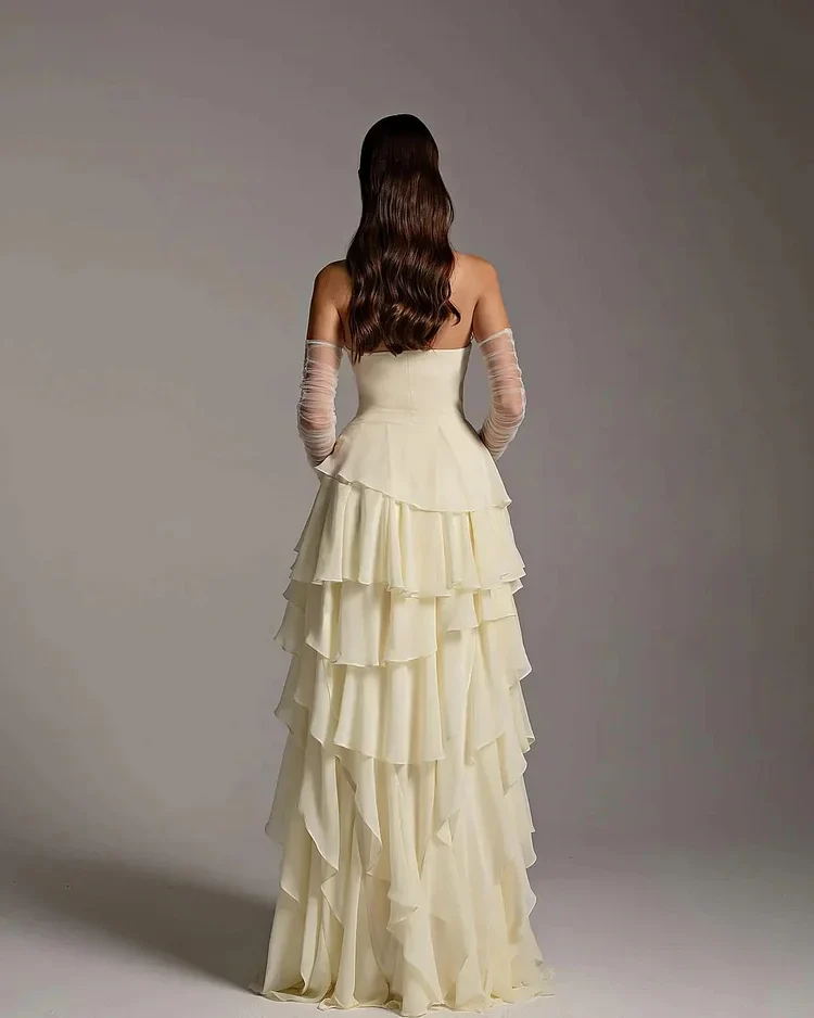 Strapless A-line Ruffles Ivory Elegant Floor length Evening Dresses - Image 2