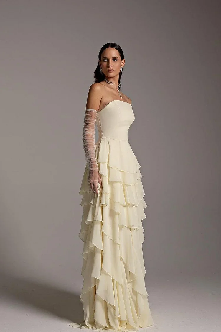 Strapless A-line Ruffles Ivory Elegant Floor length Evening Dresses - Image 3