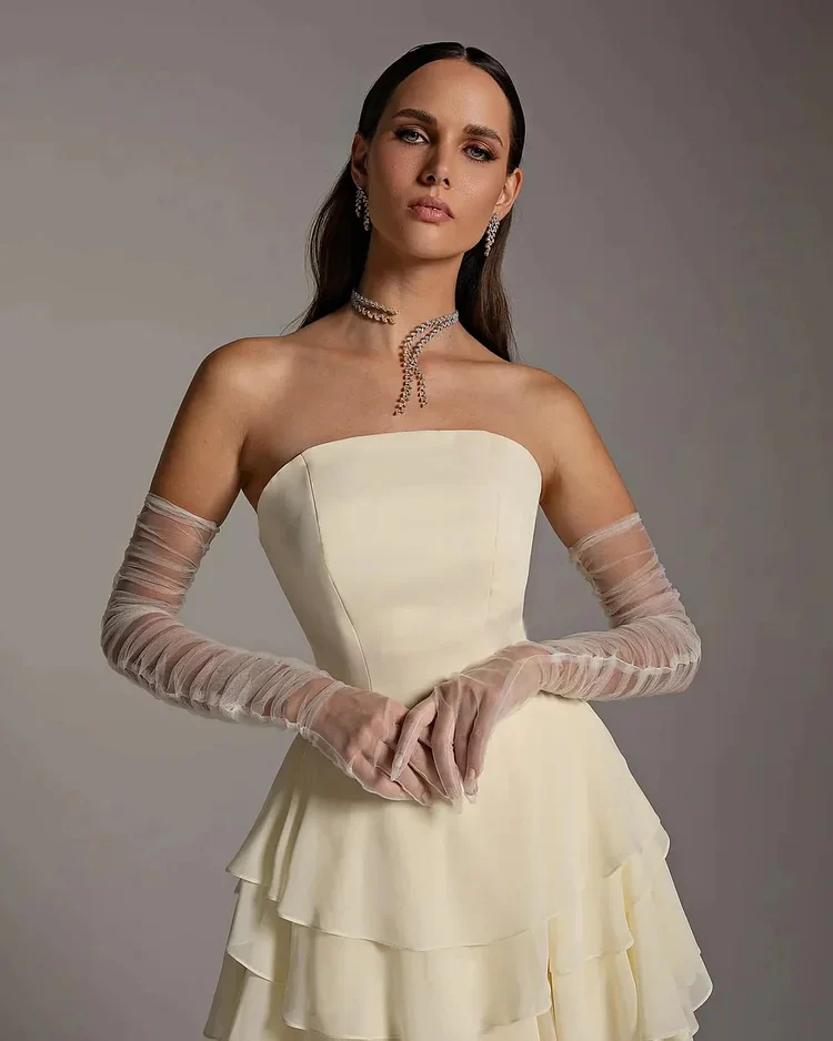 Strapless A-line Ruffles Ivory Elegant Floor length Evening Dresses - Image 4