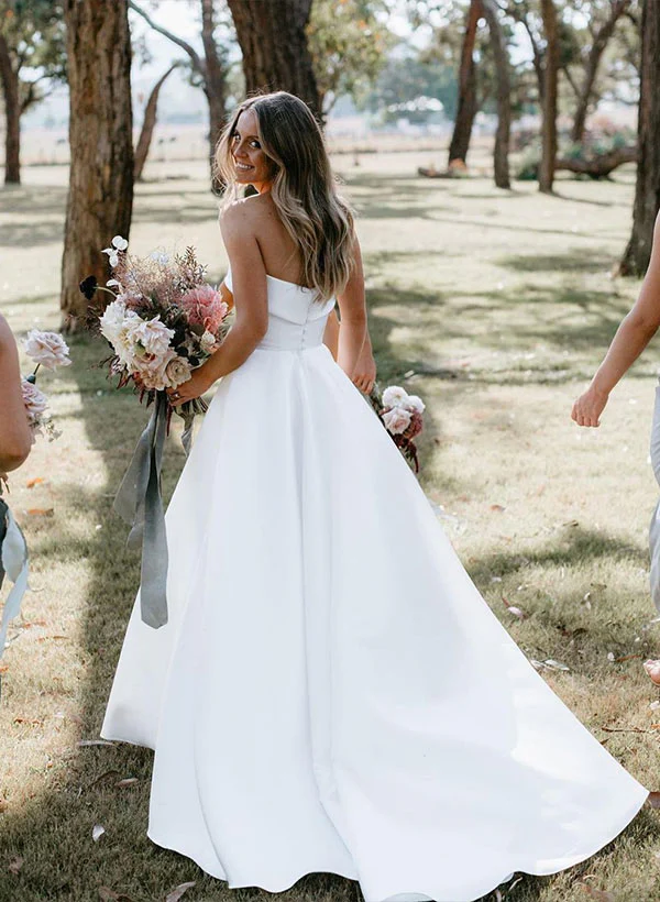 Strapless Chic A-line Satin Wedding Dress Sweep Train - Image 6