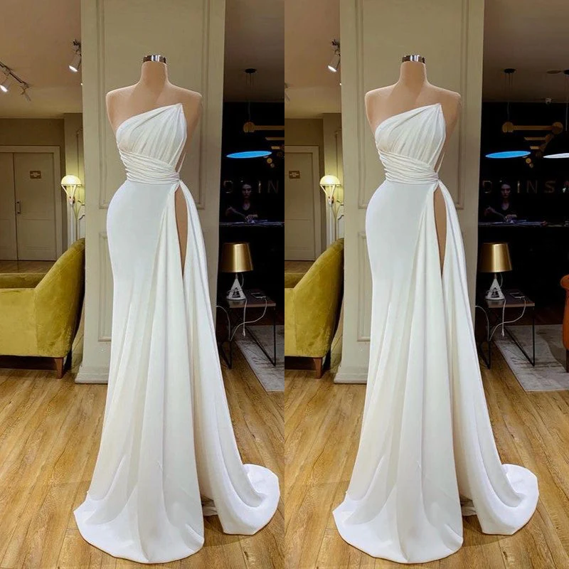 Strapless Creamy White High-split Pleated Long Prom Dress - Image 2