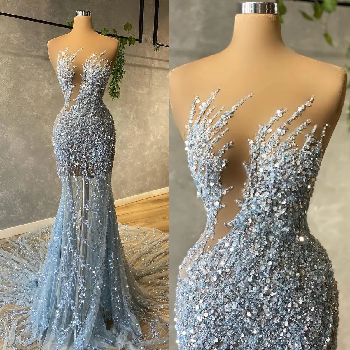 Strapless Hot Sequin Sparkle Beaded Column Court Train Prom Dresses - Image 2