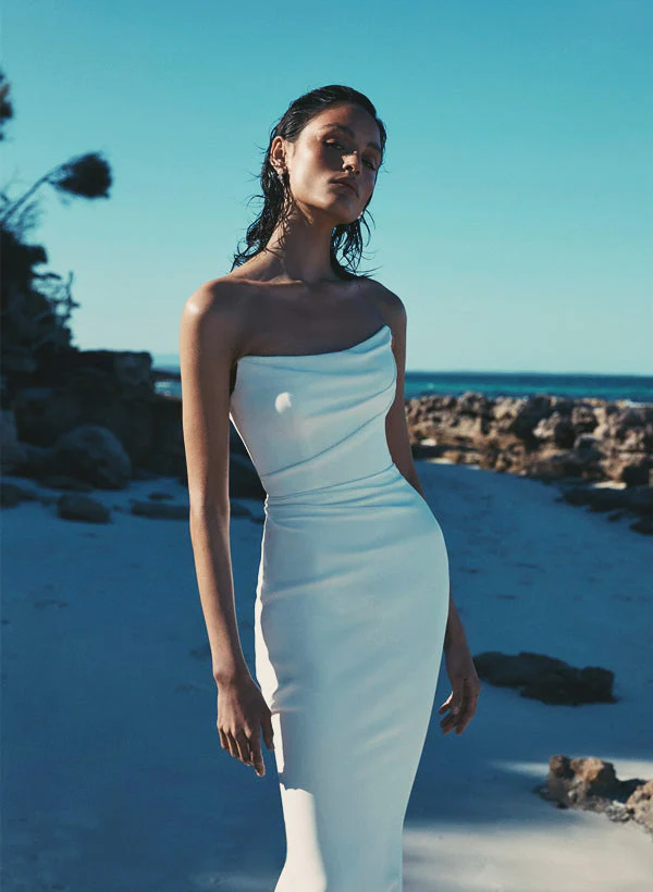 Strapless Mermaid Fitted Wedding Dresses Elastic Satin Sweep Train for Summer Beach - Image 2