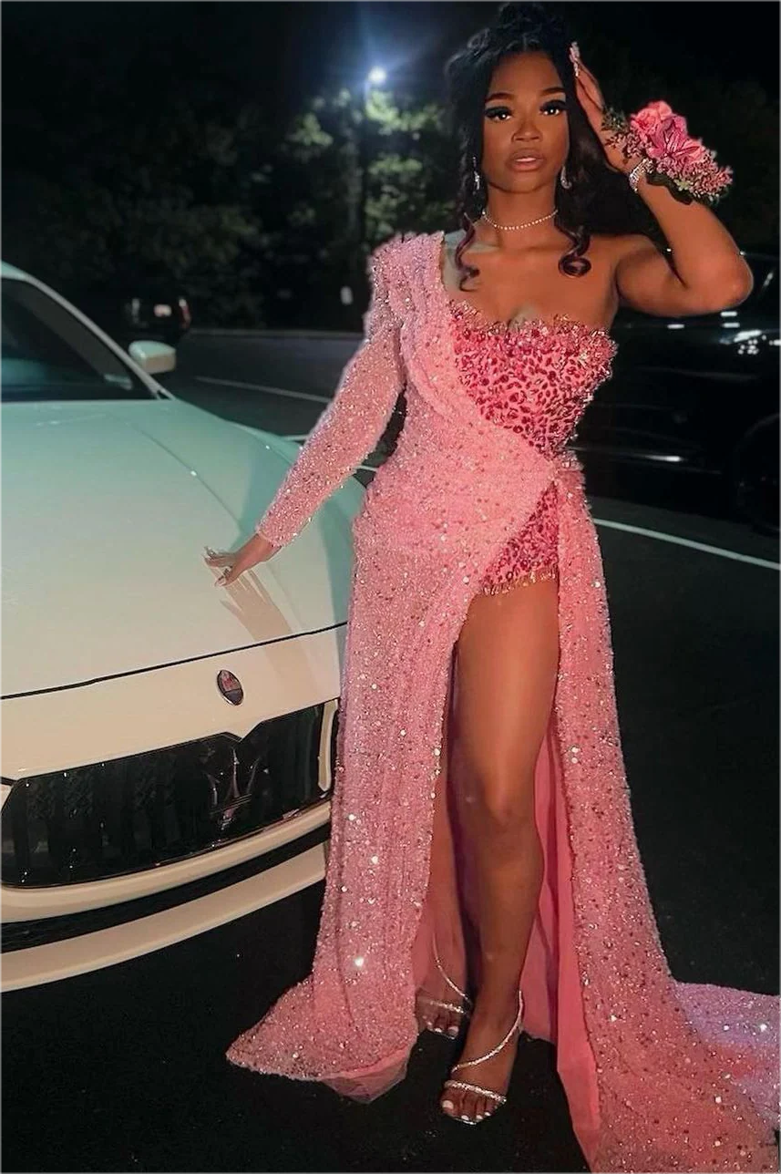 Strapless One Shoulder Sequins Chapel Train Front Side Prom Dress - Image 2