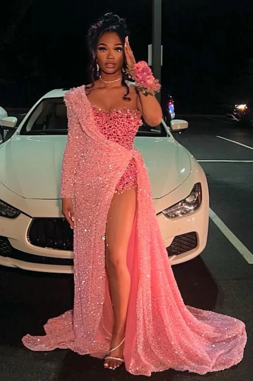 Strapless One Shoulder Sequins Chapel Train Front Side Prom Dress - Image 3