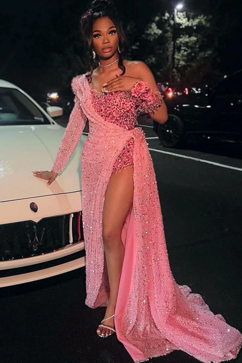 Strapless One Shoulder Sequins Chapel Train Front Side Prom Dress - Image 4