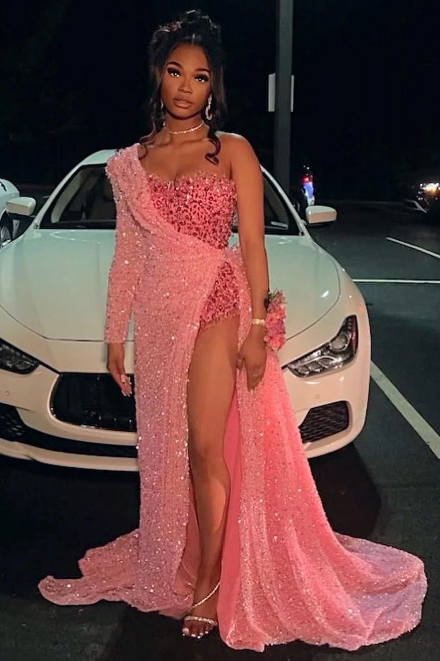 Strapless One Shoulder Sequins Chapel Train Front Side Prom Dress - Image 5