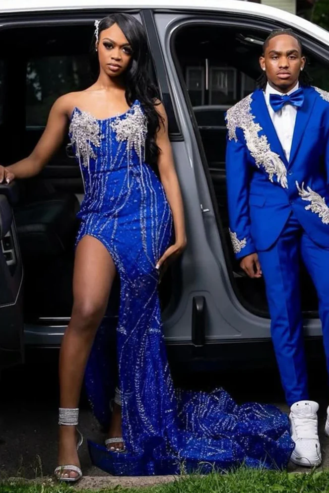 Strapless Royal Blue Silver Beaded Mermaid High Split Prom Dresses - Image 2
