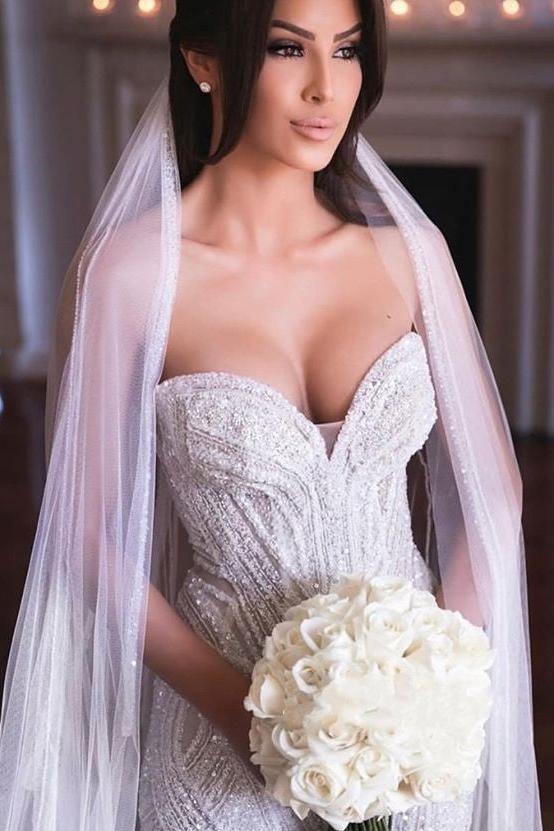 Strapless Sweetheart Beads Mermaid Wedding Dresses Appliques Tulle Bridal Gowns - Image 2