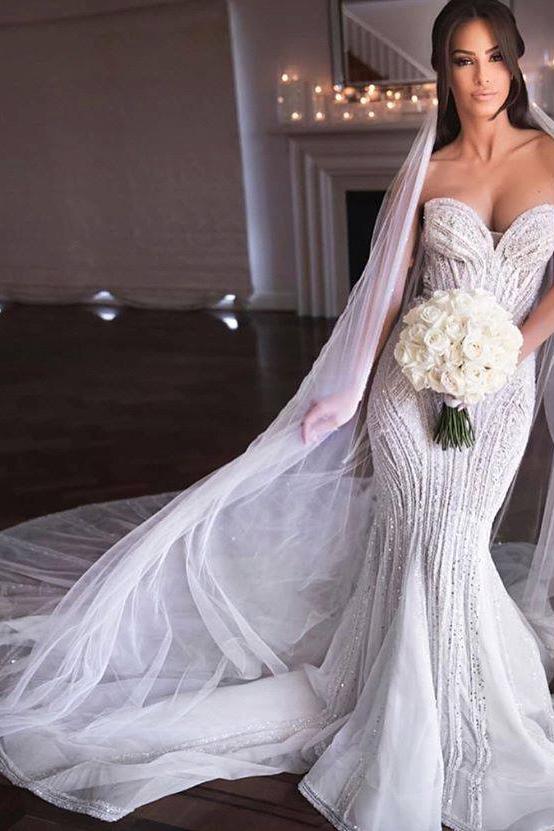 Strapless Sweetheart Beads Mermaid Wedding Dresses Appliques Tulle Bridal Gowns - Image 3