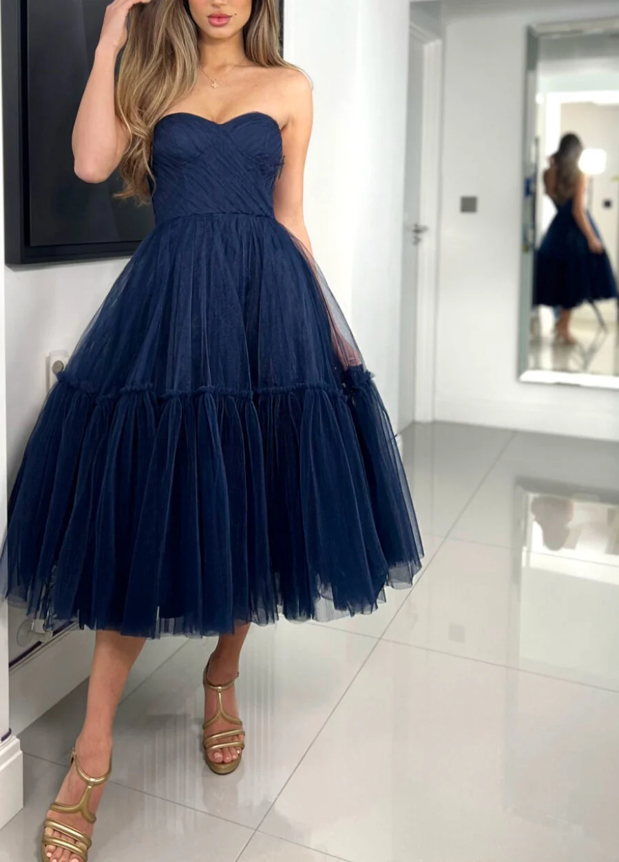 Strapless Tulle A-Line Tea-Length Blue Homecoming Dresses - Image 2