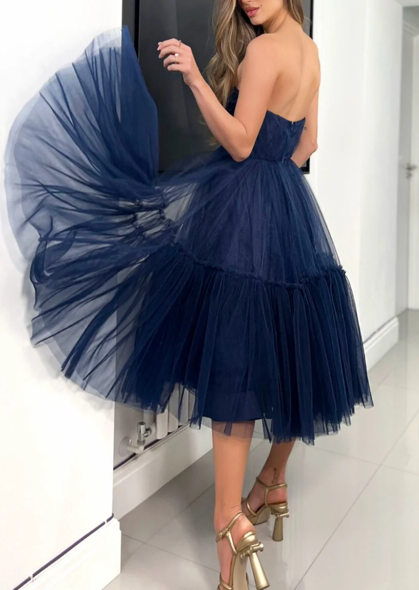 Strapless Tulle A-Line Tea-Length Blue Homecoming Dresses - Image 3